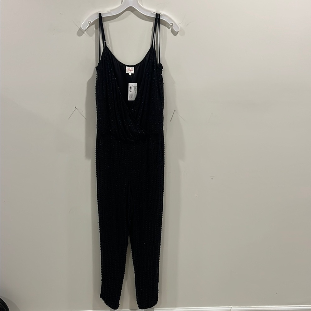Parker Show Stopping Black Beaded Sleeveless Jumpsuit with Spaghetti Straps